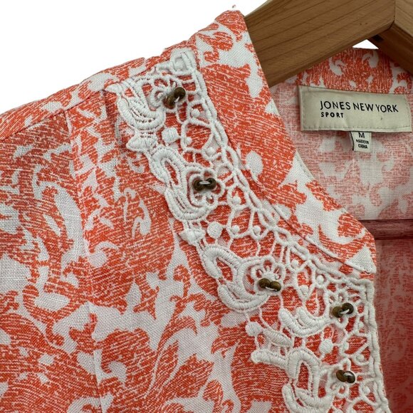 Jones New York Sport Orange & White Printed 3/4 Slv Linen Tunic Top Medium - Picture 3 of 8
